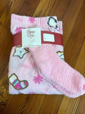 Sleep Chic Pink Fleece Pants & Socks with Festive Treat Prints - BRAND NEW